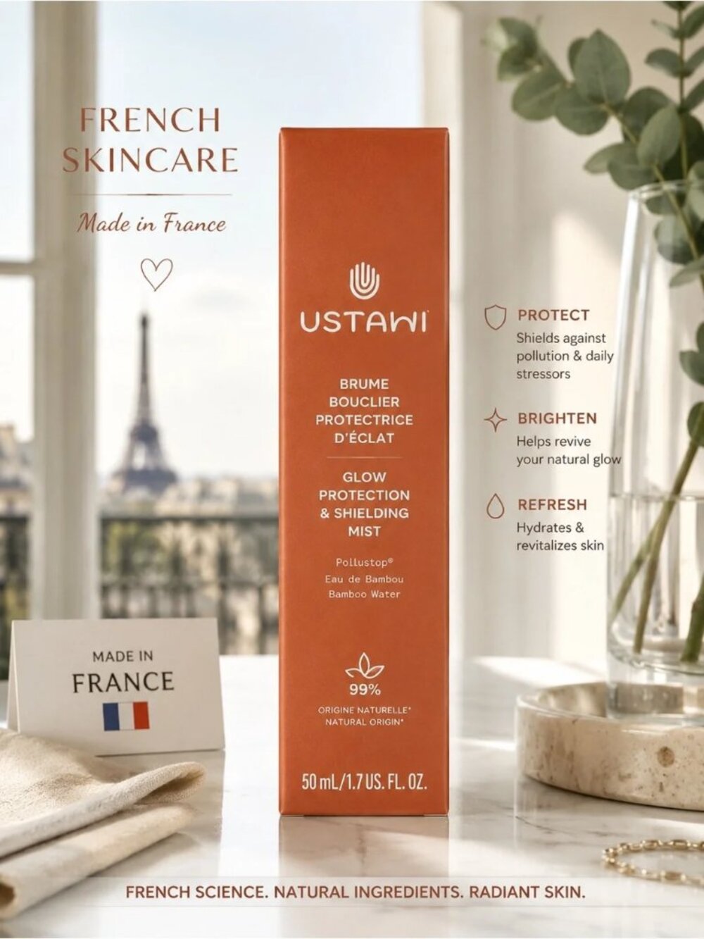USTAWI Glow Protection & Shielding Mist 50mL France Bamboo Water NIB